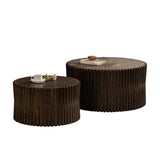 Vintage Style Cylindrical Nesting Coffee Table Set with Textured Embossed Design in Dark Brown, MDF+Fir, Set of 2