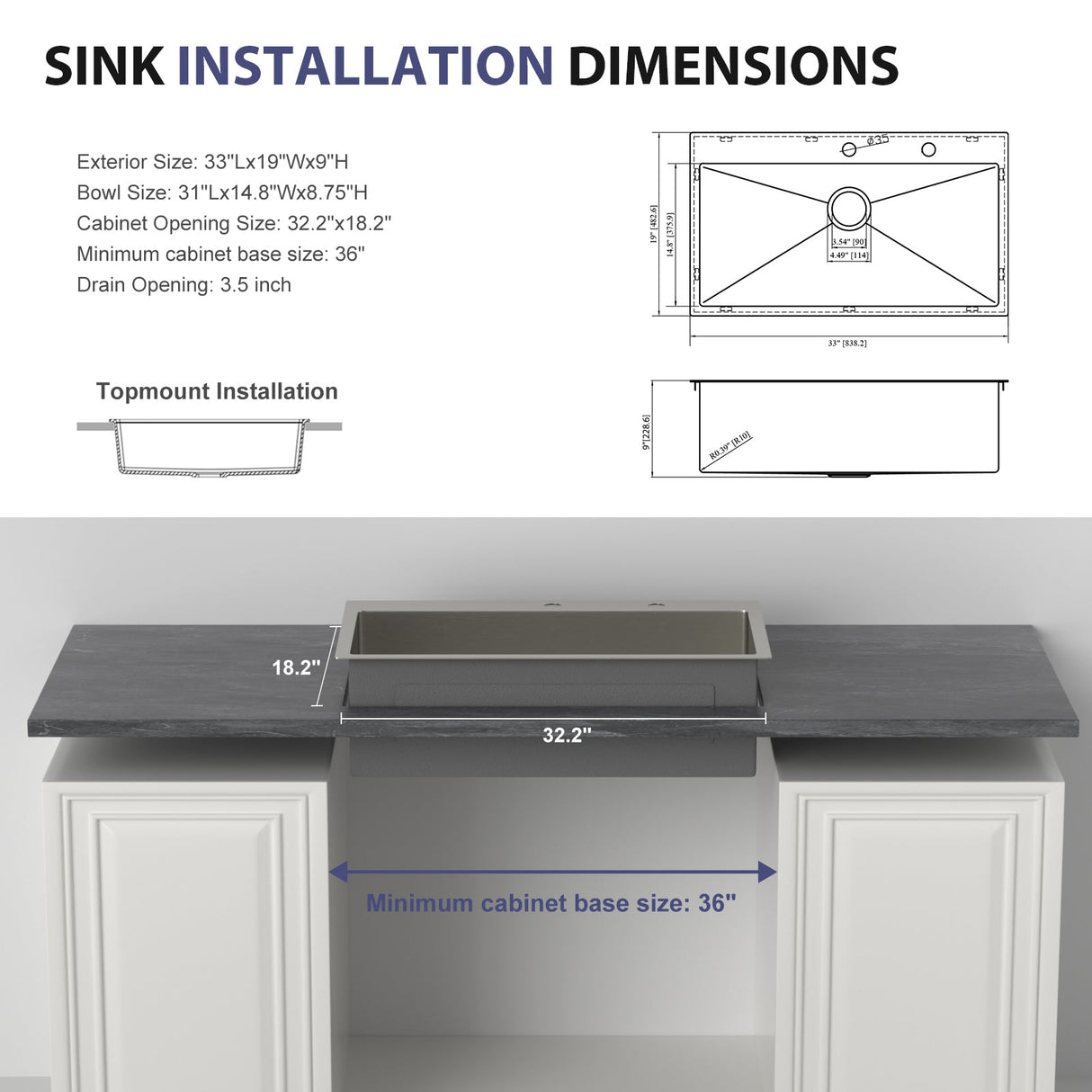 33 Inch Topmount Sink - Stainless Steel Kitchen Sink