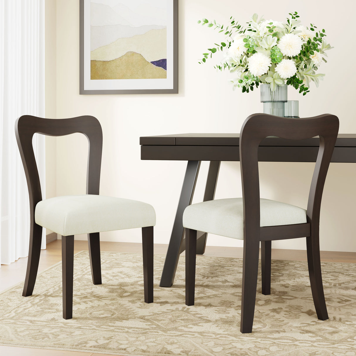 Dining Chair Without Arm Set of 2 (Dark Brown + Beige)