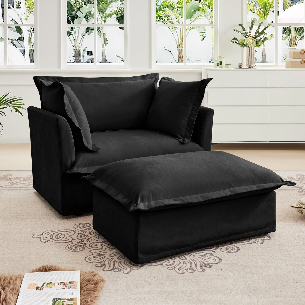 Upholstered Slipcovered Armchair with Ottoman
