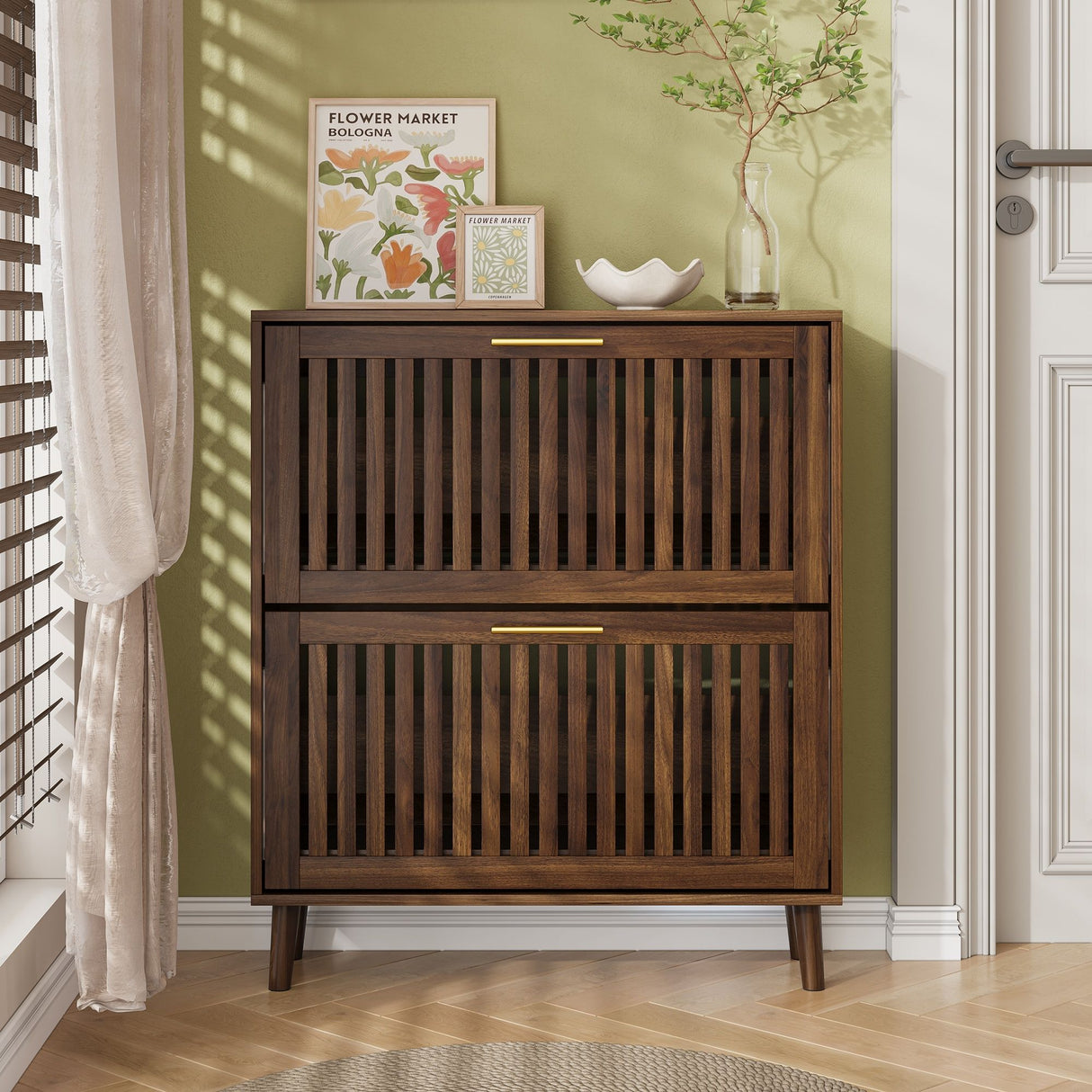 Medieval Modern Shoe Cabinet With 2 Flip Drawers And Fence Design