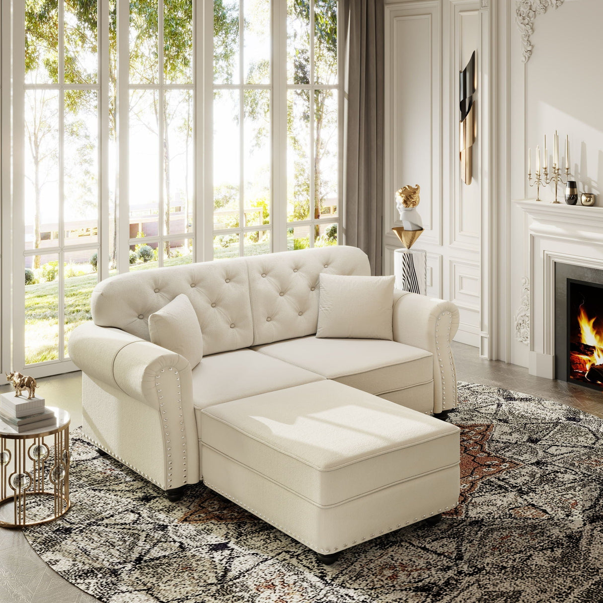Upholstered Sofa Set With Nailhead Trim and Rolled Armrests, Includes Pillows