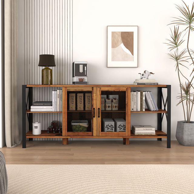 70-Inch-Industrial-Walnut-Media-Console-with-Open-Shelving-and-Mesh-Door-Storage-Entertainment-Centers-&-TV-Stands