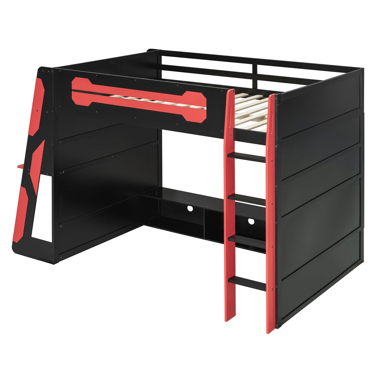 Full Size Wood Loft Bed with Desk, Multi-storage Shelves and RGB Light