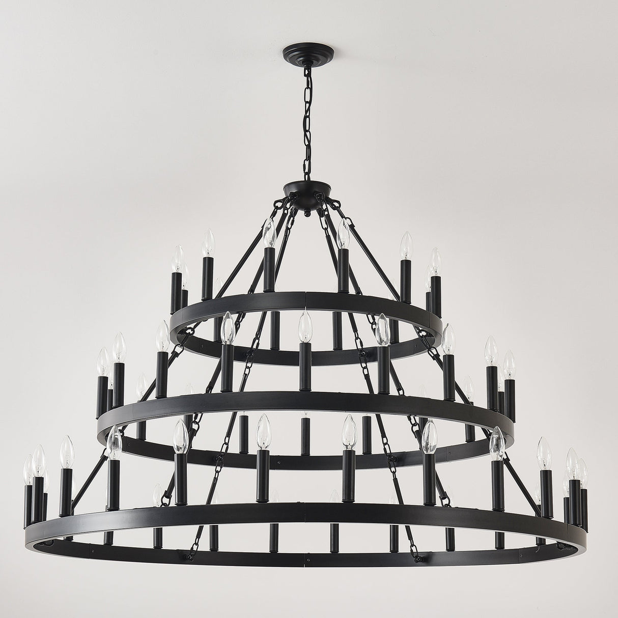 3 Tiers Wagon Wheel Chandelier - 54-Light Matte Black Metal