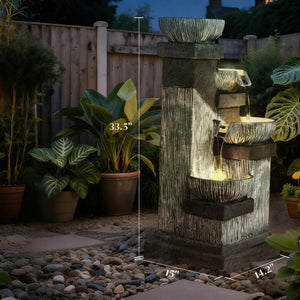 4-Tier Resin Cascading Bowls Outdoor Waterfall Fountain with LED Lights