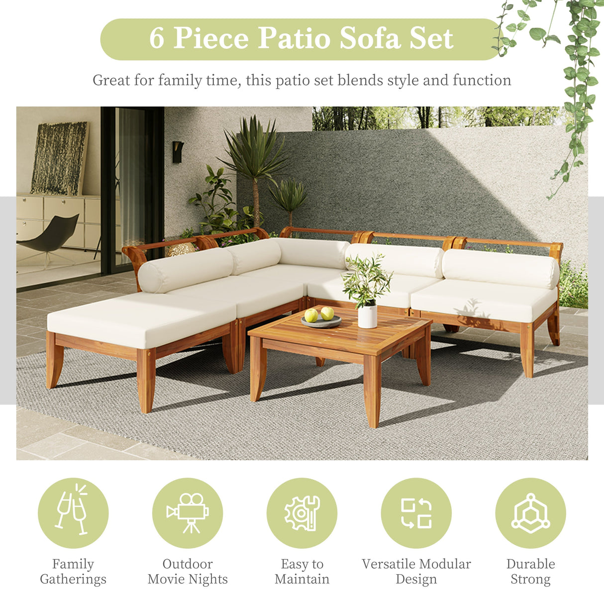 TOPMAX 6 Piece Patio Sofa Set in Acacia Wood