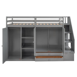 Loft Bed With 3 Shelves, 2 Wardrobes, 2 Drawers, Ladder Storage