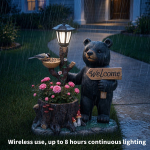Decorative Standing Black Bear Garden Planter with Solar-Powered Lantern
