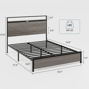 Antique Full Size Wooden Platform Bed Frame with LED Light Headboard