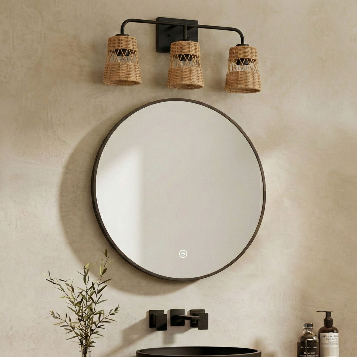 Moonlit - 3 Lights Wall Sconce With Shade, Bathroom Lighting Fixtures Over Mirror - Black / Rattan