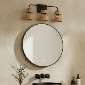 Moonlit - 3 Lights Wall Sconce With Shade, Bathroom Lighting Fixtures Over Mirror - Black / Rattan