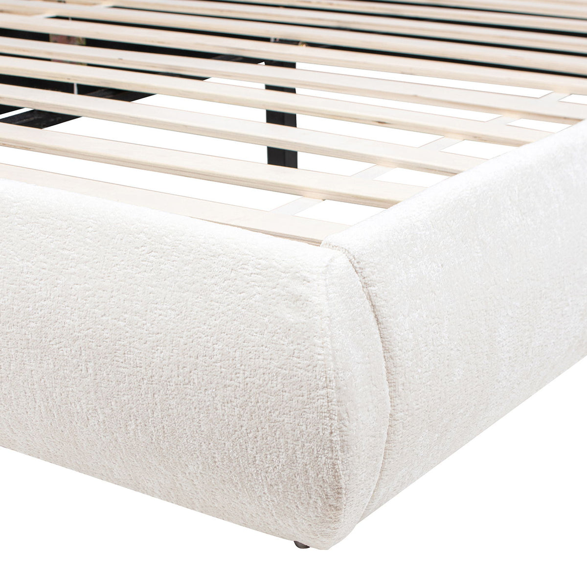 Archie Puffy Grounded Upholstered Platform Bed with Rounded Headboard - Green, White, Beige