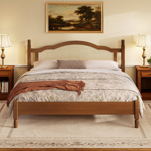 King Size Wooden Platform Bed with Rattan Headboard