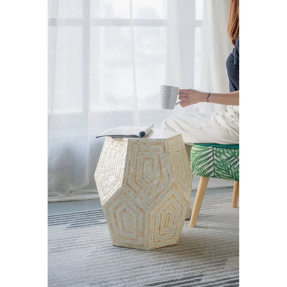 Hexagonal Capiz End Table with Contemporary Design - Cream Yellow