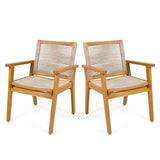 Outdoor Dining Chairs Set of 2, Teak Finish Wood Frame and Mix Brown Rope, Natural Courtyard Style, 400lbs Capacity