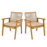 Outdoor Dining Chairs Set of 2 with Teak Finish Wood Frame and Brown Rope