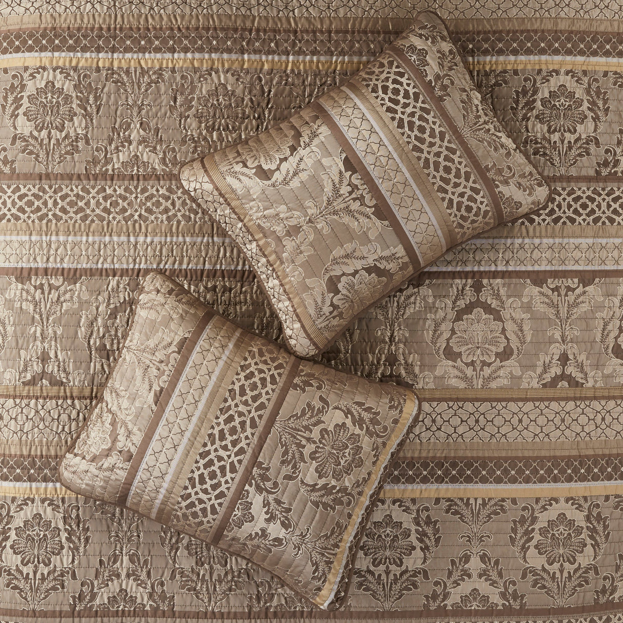 6 Piece Jacquard Quilt Set with Throw Pillows – Brown/Gold King/Cal King