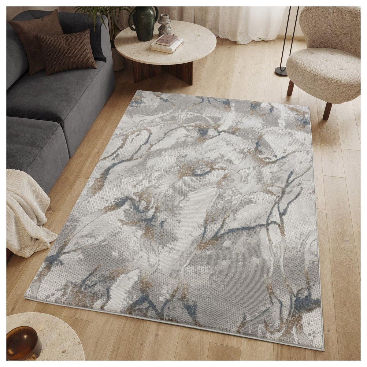 Geometric 3D Effect Area Rug with 100% Polyester Pile - Ivory / Gray