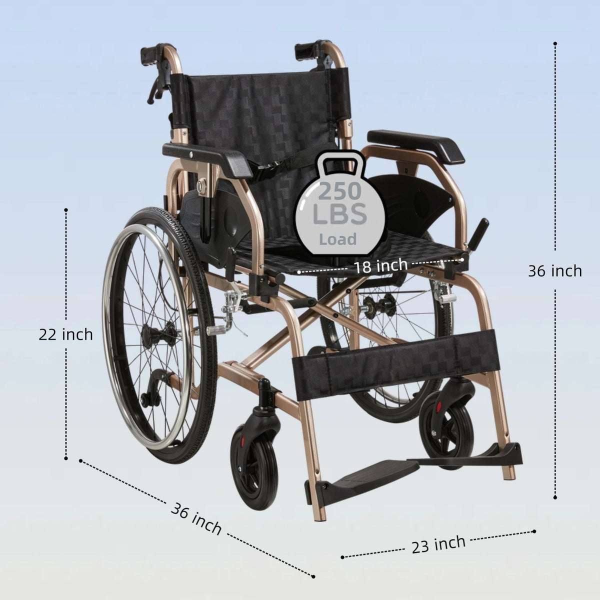 Premium Lightweight Foldable Transport Wheelchair for Adults with Double Brakes - Gold or Gray