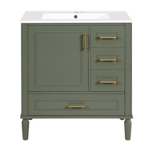 Elegant Olive Green 30' Bathroom Vanity with Ceramic Sink and Ample Storage, Solid Wood and MDF Construction