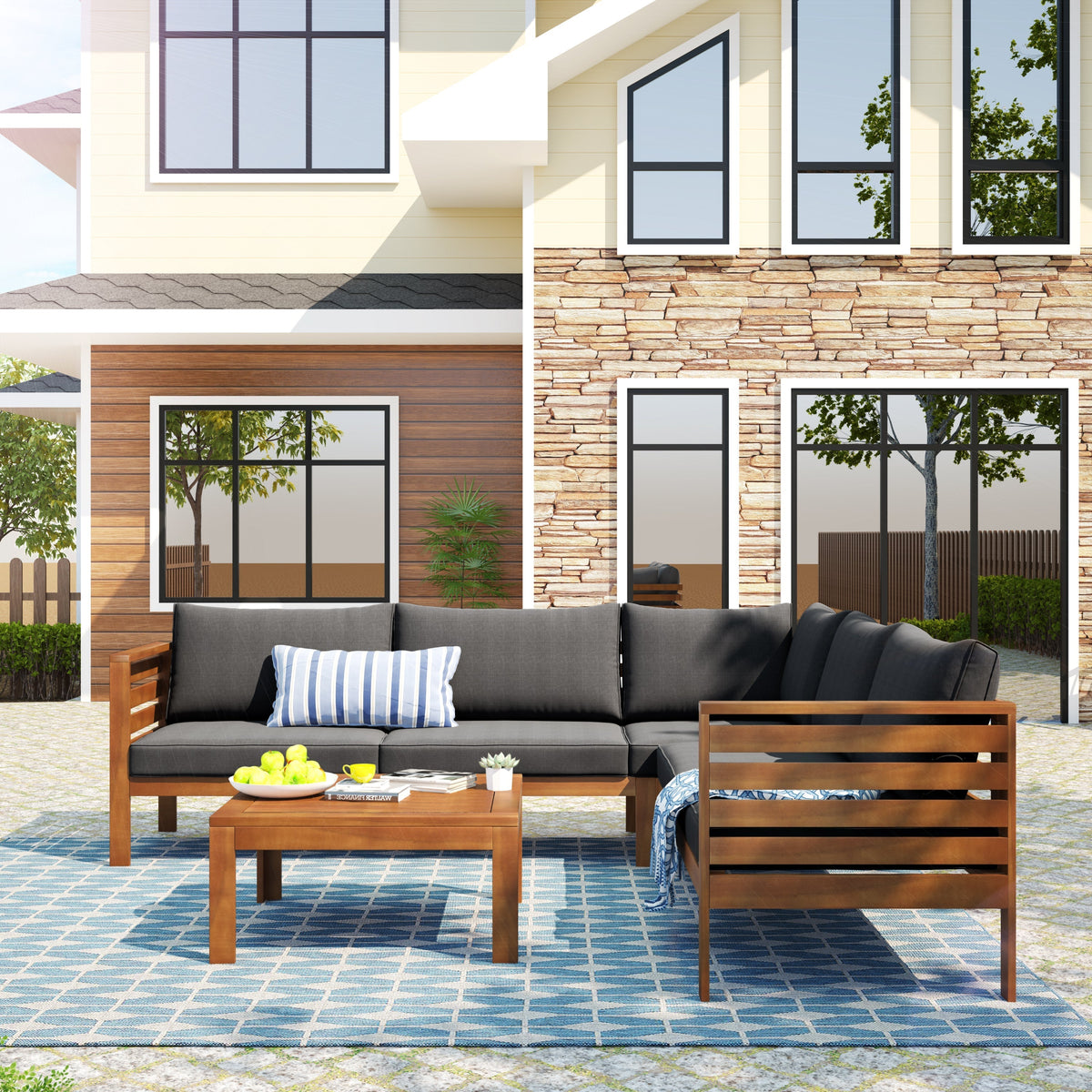 Wood Structure Outdoor Sofa Set with Gray Cushions