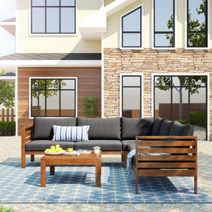 Wood Structure Outdoor Sofa Set with Gray Cushions