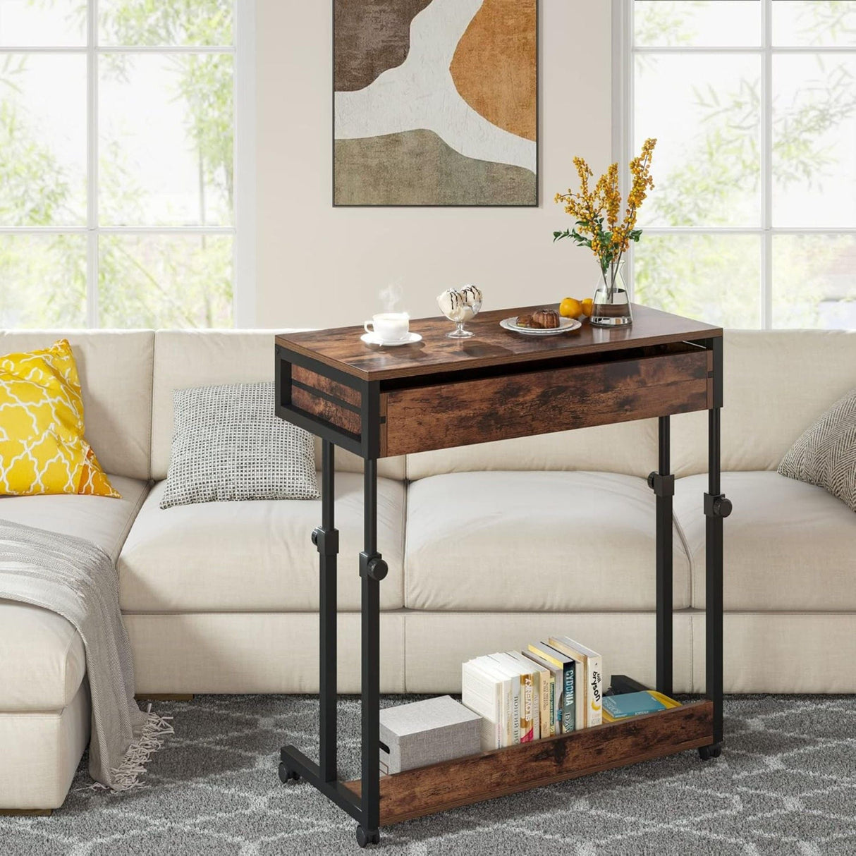 Portable Laptop Desk With Drawer & Wheels, Height Adjustable, Storage Shelf - Brown / Black