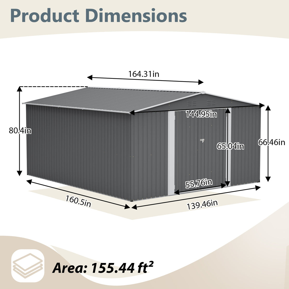 12×14 ft Outdoor Metal Storage Shed with Lockable Double Doors - Gray