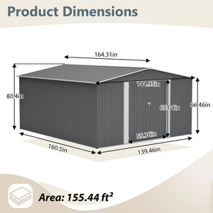 12×14 ft Outdoor Metal Storage Shed with Lockable Double Doors - Gray