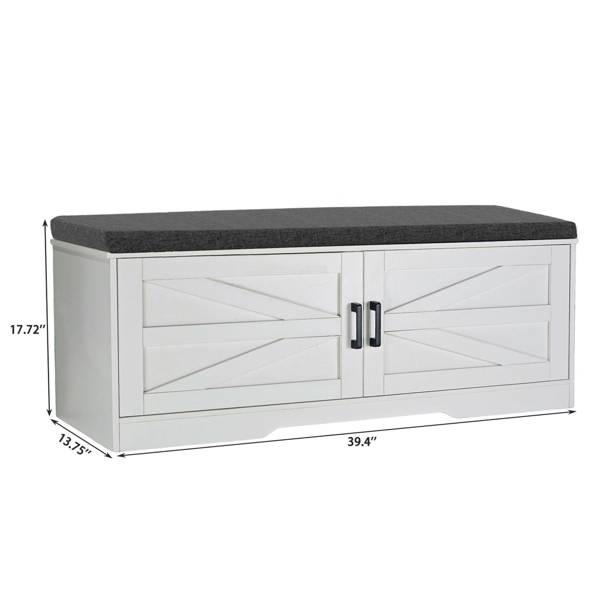 2 Tier Shoe Bench With Padded Seat, 2 Barn Doors And Adjustable Shelves, For Entryway And Living Room - White