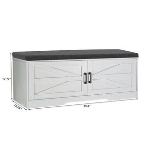 2 Tier Shoe Bench With Padded Seat, 2 Barn Doors And Adjustable Shelves, For Entryway And Living Room - White