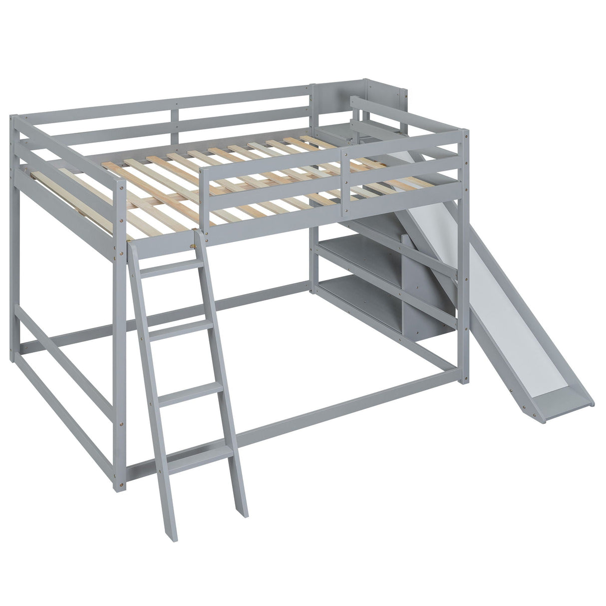Bunk Bed With Ladder, Slide, And Shelves Pine Wood