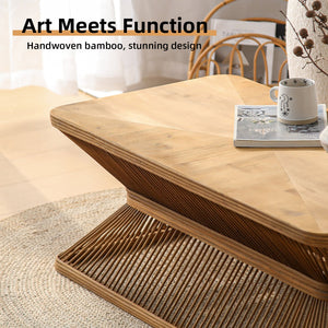 Mid-Century Modern Coffee Table with Woven Bamboo Base