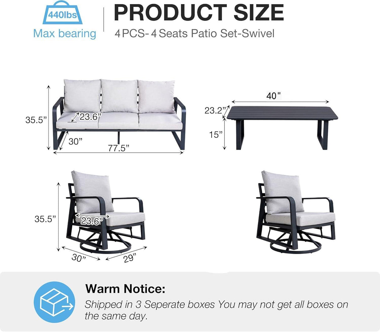 FR One Three-Seater Sofa + Two Swivel Chairs + One Coffee Table