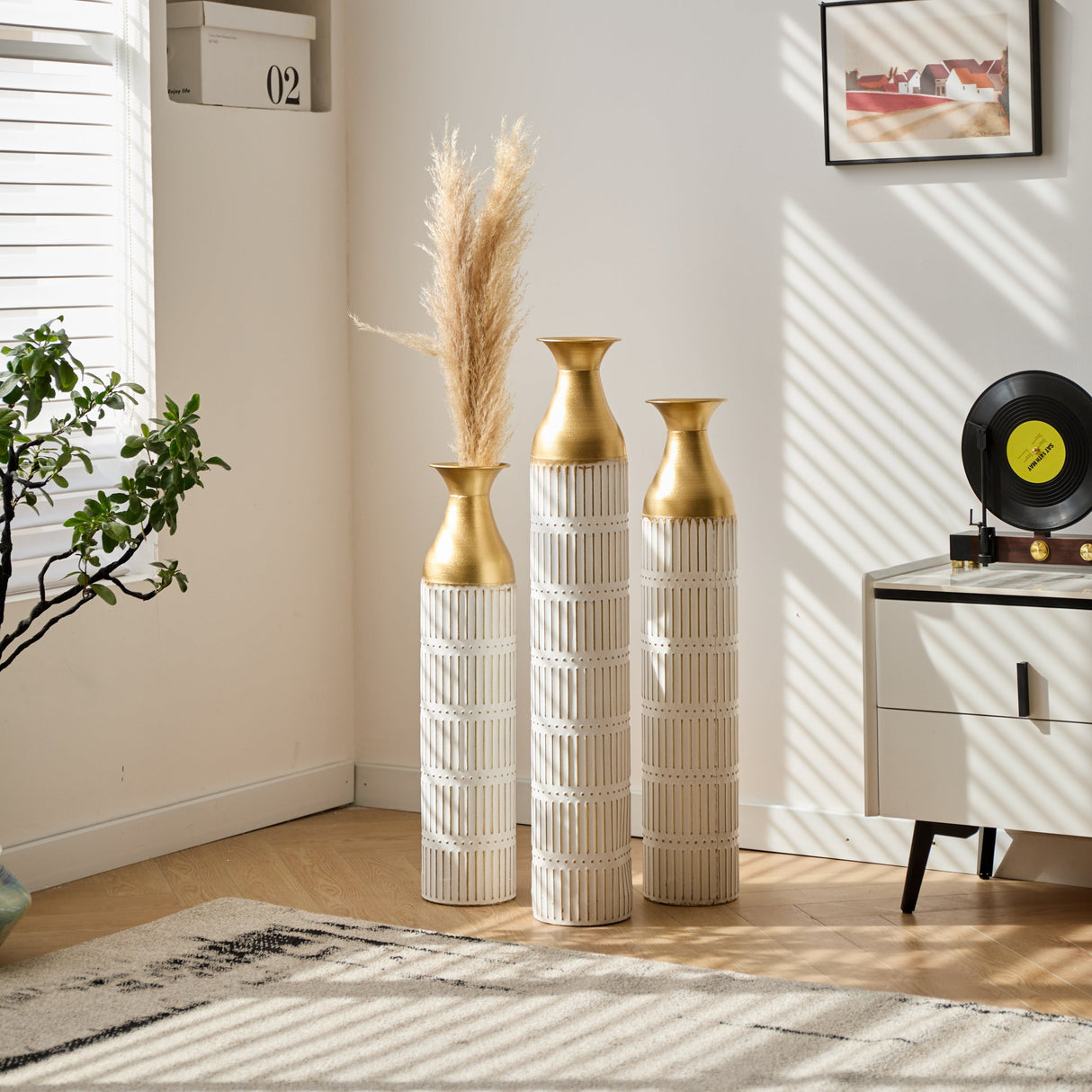 Floor Metal Vases Set of 3 - White with Gold Accents