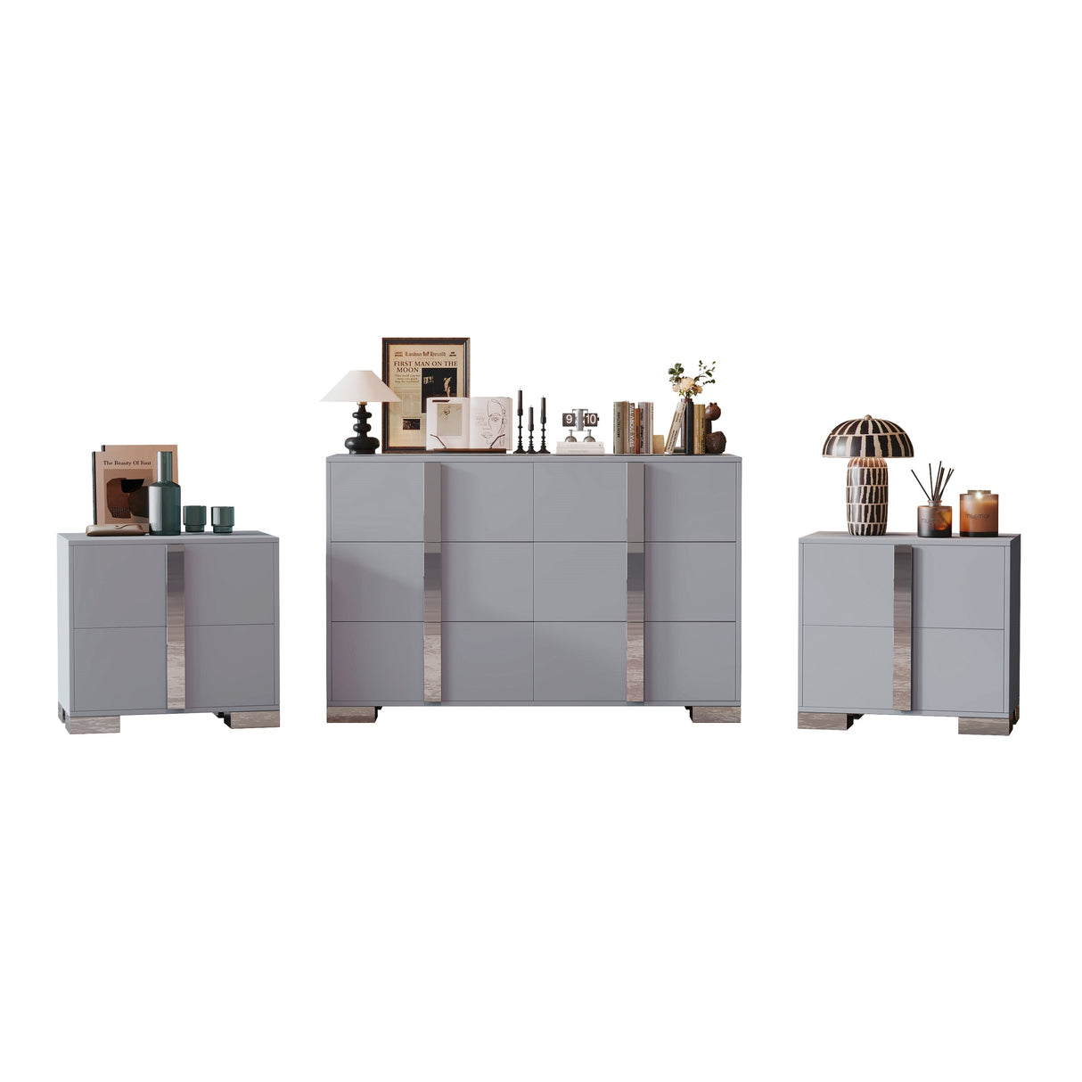 3-Pieces Sets, Elegant 6 Drawers Dresser and Two Nightstands