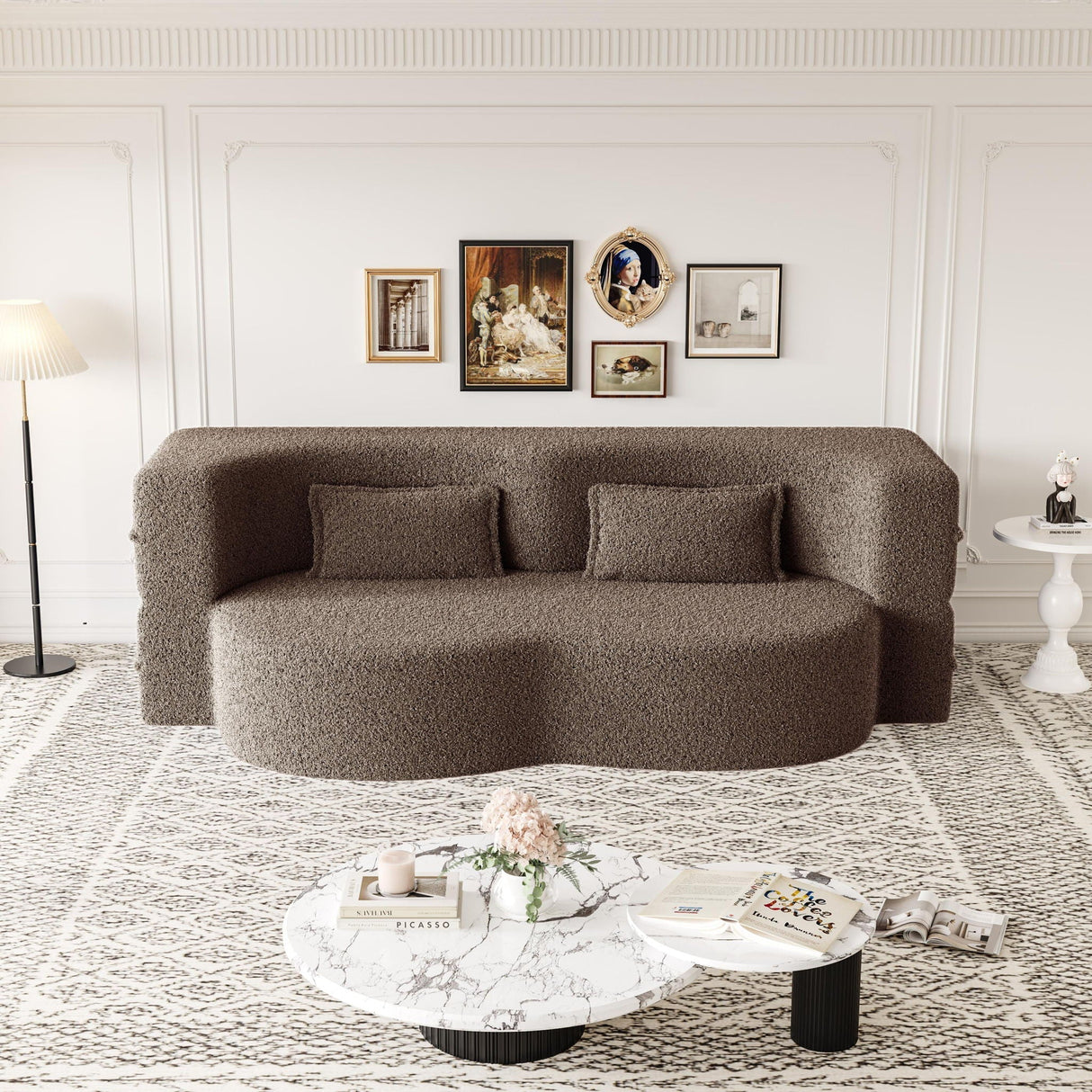 Modern Floor Sofa with 2 Pillows, Convertible Teddy Fabric Foam Filled Bed