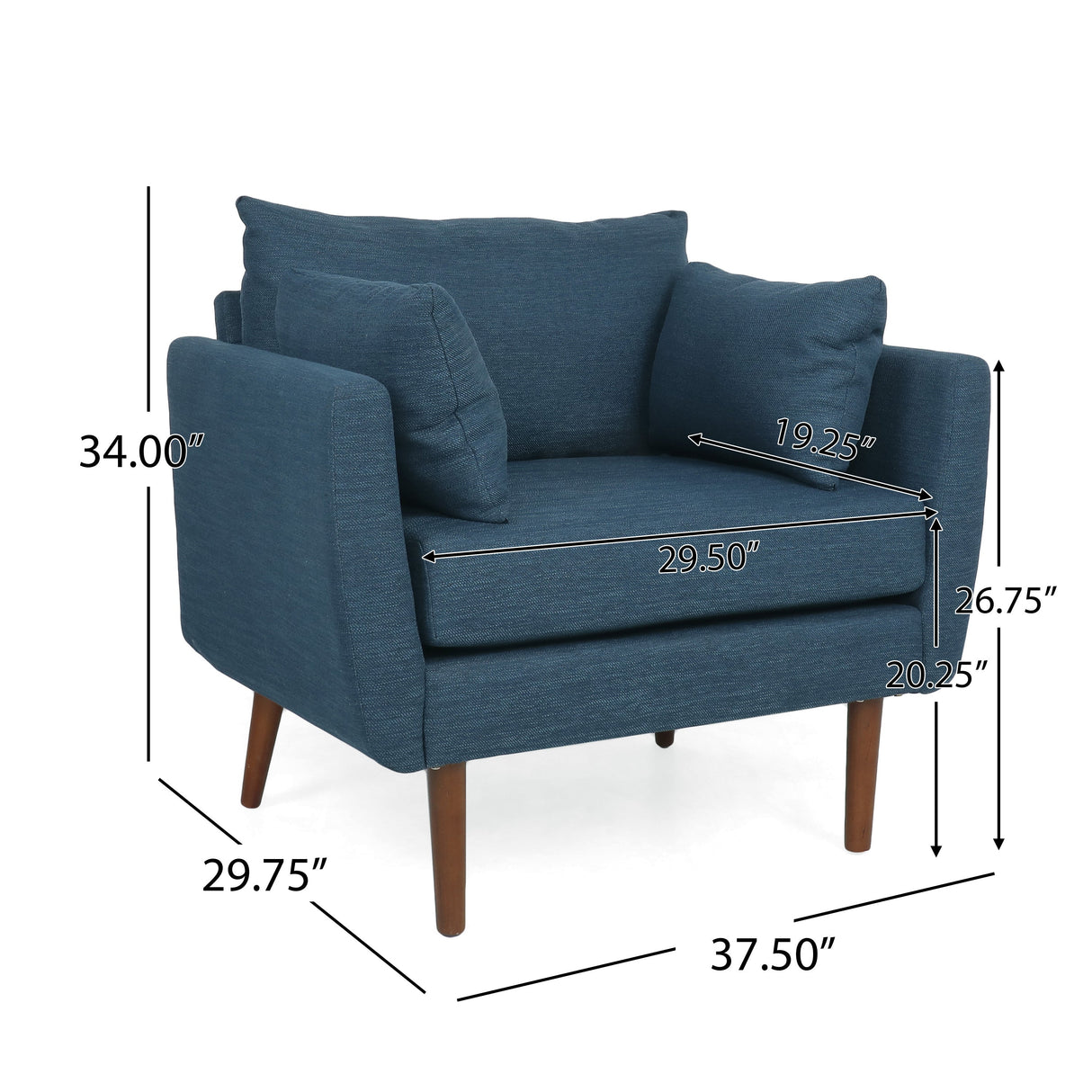 Luminate Upholstered Fabric Club Chair with Tapered Legs and 2 Accent Pillows, Navy Blue