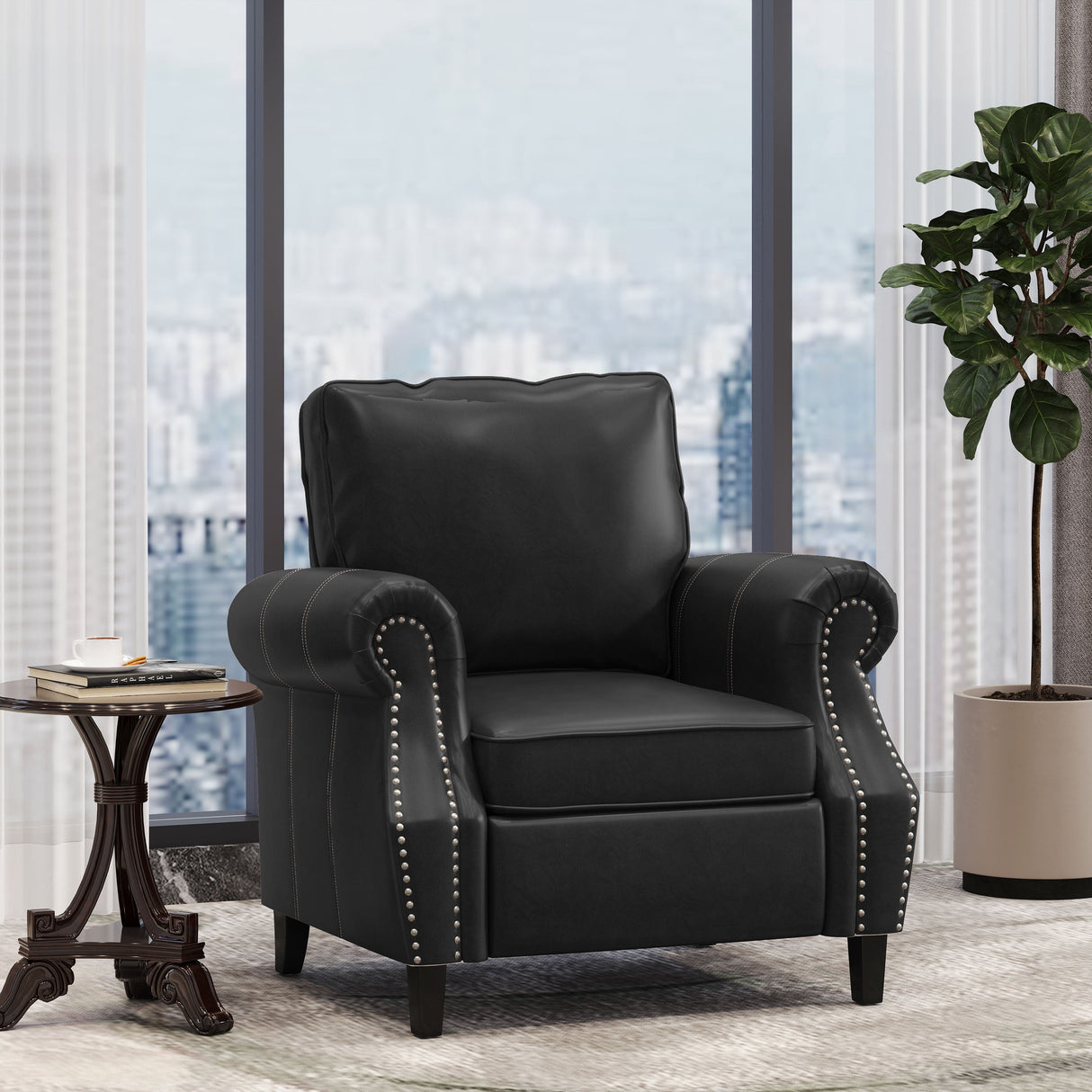 Contemporary Black PU Club Chair with Nailhead Trim and Rolled Armrests