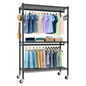 Heavy Duty Rolling Clothes Rack with Shelves and Hooks - Black