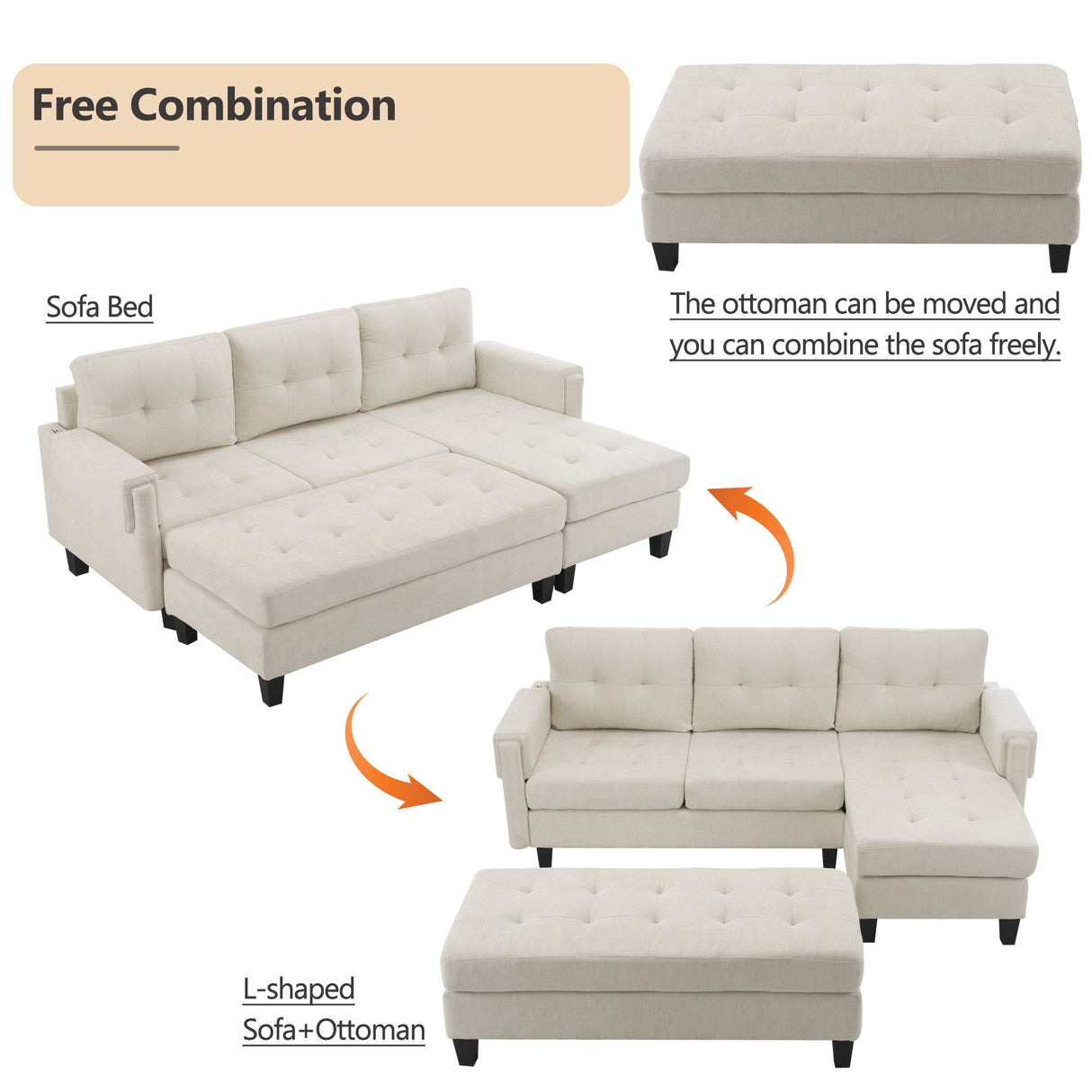 The Ashely Reversible Chenille Sectional Sofa with USB Charging Ports and Convertible Ottoman