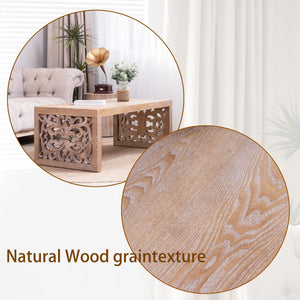 47.2 Rustic Carved Wood Coffee Table – Handcrafted Look with Ornate Side Panels