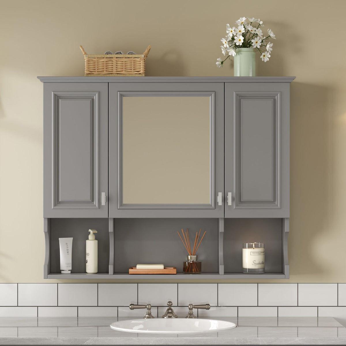 Wall Mounted Bathroom Medicine Wall Cabinet With Mirror & Open Shelves