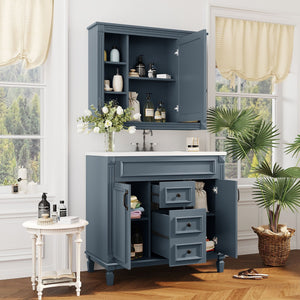 Bathroom Vanity with Top Sink, Mirror Cabinet, 2 Soft Closing Doors & 2 Drawers