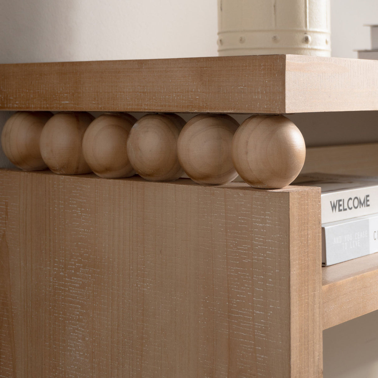 Modern Rustic Console Table – 59” Wood Entryway Table with Shelf & Decorative Bead Detail