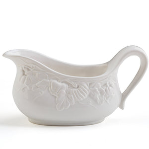 White Embossed Pumpkin Leaf Turkey Platter and Gravy Boat Set, Made in Italy