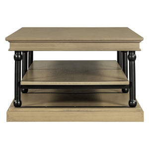 Wood Coffee Table with Black Legs and Open Storage Shelves - Brown