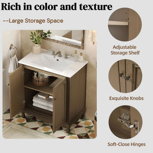 Vintage Bathroom Vanity With Ceramic Sink, Adjustable Shelves