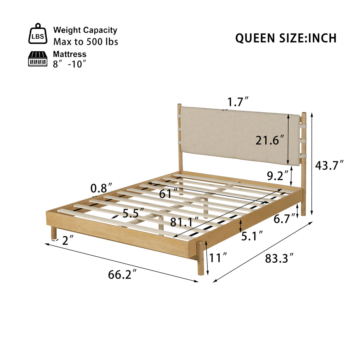 Premium Rubber Wood Platform Bed Frame, Queen Size with Headboard
